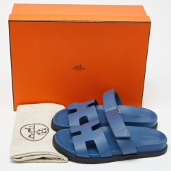 Pre Owned Hermès Blue Leather Chypre Sandals Size 38.5