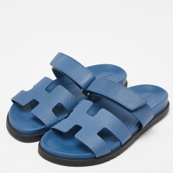 Pre Owned Hermès Blue Leather Chypre Sandals Size 38.5