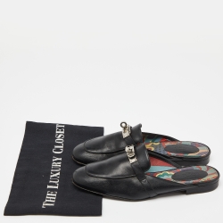 Hermes Black Leather Oz Flat Mules Size 37