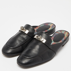 Hermes Black Leather Oz Flat Mules Size 37