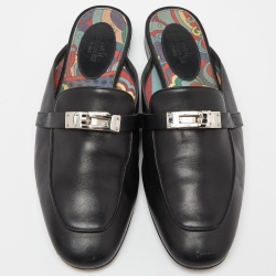 Hermes Black Leather Oz Flat Mules Size 37