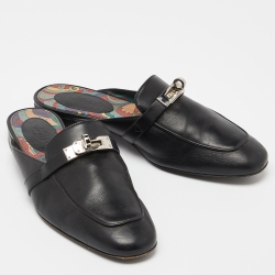 Hermes Black Leather Oz Flat Mules Size 37