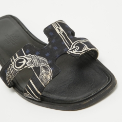 مملوكة مسبقًا Hermes Black Printed Fabric Oran Flat Slides Size 35
