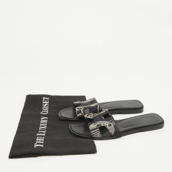 مملوكة مسبقًا Hermes Black Printed Fabric Oran Flat Slides Size 35