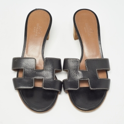 Pre Owned Hermes Black Leather Oasis Slide Sandals Size 35