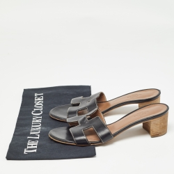 Pre Owned Hermes Black Leather Oasis Slide Sandals Size 35