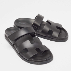 Pre Owned Hermes Black Leather Chypre Sandals Size 40