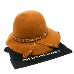Pre Owned Hermes Mustard Yellow Felt Braided Leather Tassel Trim Fedora Hat Size 57