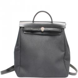 HERMES Her Bag Black Canvas Leather 2Way Backpack Hand Bag Used