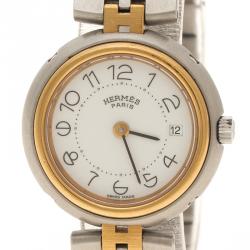 Pre Owned Hermes White Gold-Plated Stainless Steel Clipper Women's Wristwatch 25 mm