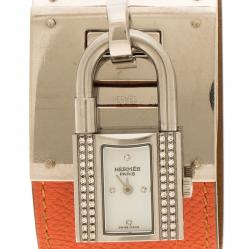 Pre Owned Hermes White Mother of Pearl Stainless Steel and Diamond Kelly Women's Wristwatch 20 mm