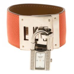 Pre Owned Hermes White Mother of Pearl Stainless Steel and Diamond Kelly Women's Wristwatch 20 mm