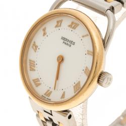 Pre Owned Hermes White 18K Yellow Gold Plated And Stainless Steel Arceau Women's Wristwatch 25 mm