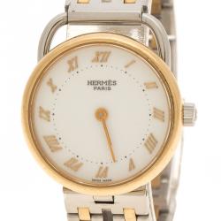 Pre Owned Hermes White 18K Yellow Gold Plated And Stainless Steel Arceau Women's Wristwatch 25 mm