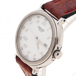 Pre Owned Hermes White Stainless Steel Leather Women's Wristwatch 27MM