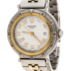 Pre Owned Hermes White Stainless Steel And Gold Tone Captain Nemo Women's Wristwatch 27 mm