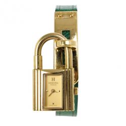 Pre Owned Hermes Gold Stainless Steel Green Kelly Women's Wristwatch 20MM