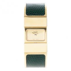 Pre Owned Hermes Gold Stainless Steel Green Loquet Bangle Women’s Wristwatch 20MM