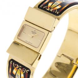 Pre Owned Hermes Gold Stainless Steel Black Loquet Bangle Women's Wristwatch 20MM