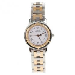 Pre Owned Hermes White Gold & Steel Clipper PM Women's Wristwatch 24MM