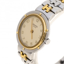 Pre Owned Hermes Beige Two-Tone Stainless Steel Clipper Women's Wristwatch 24 mm
