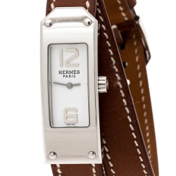 Pre Owned Hermes White Stainless Steel Kelly 2 Double Tour KT1.210 Women's Wristwatch 15 mm