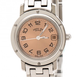 Pre Owned Hermes Peach Stainless Steel Clipper CL4.210 Women's Wristwatch 24 mm 