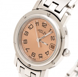Pre Owned Hermes Peach Stainless Steel Clipper CL4.210 Women's Wristwatch 24 mm 