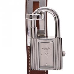 Pre Owned Hermes Silver Stainless Steel and Leather Kelly KE1.210 Women's Wristwatch 20x38MM
