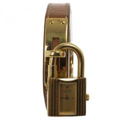 Pre Owned Hermes Brown Gold Plated SS Leather Womens Wristwatch 20 MM