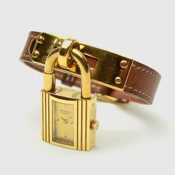 Hermes Gold Brown Leather Kelly Womens Wristwatch 20 MM