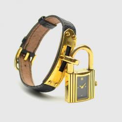 Pre Owned Hermes Gold Black Leather Kelly Womens Wristwatch 20 MM