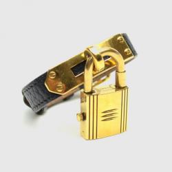 Pre Owned Hermes Gold Black Leather Kelly Womens Wristwatch 20 MM