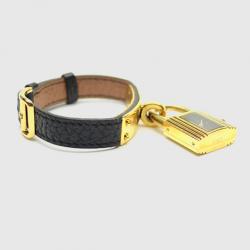 Pre Owned Hermes Gold Black Leather Kelly Womens Wristwatch 20 MM