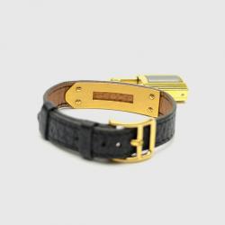 Pre Owned Hermes Gold Black Leather Kelly Womens Wristwatch 20 MM