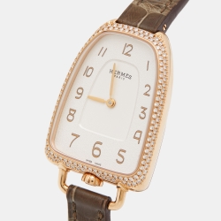 Hermes White 18k Rose Gold Diamond Alligator Galop d'Hermès GA1.271 Women's Wristwatch 26 mm