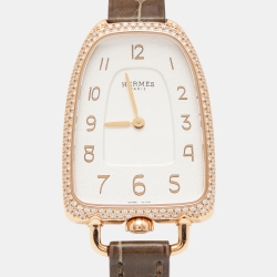 Hermes White 18k Rose Gold Diamond Alligator Galop d'Hermès GA1.271 Women's Wristwatch 26 mm