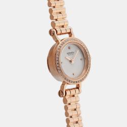 Hermes White Diamond 18k Rose Gold Faubourg Quartz Women's Wristwatch 15 mm