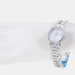 Hermes White Shell Stainless Steel Clipper CL4.210.212 3821 Quartz Women's Wristwatch 24 mm