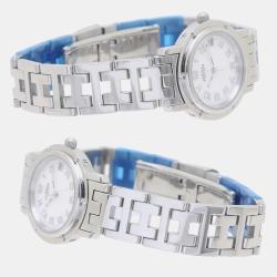 Hermes White Shell Stainless Steel Clipper CL4.210.212 3821 Quartz Women's Wristwatch 24 mm