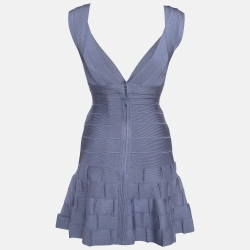 Pre Owned Herve Leger Blue Knit Mirah Bandage Mini Dress S