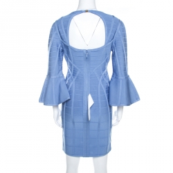 Pre Owned Herve Leger Blue Knit Bell Sleeve Yasmine Bandage Dress M