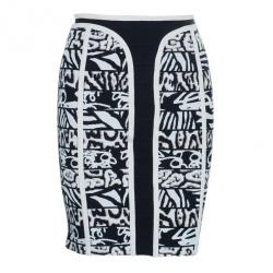 Pre Owned Herve Leger Paneled Cynthia Monochrome Print Skirt S