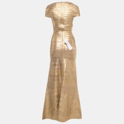 Herve Leger Gold Knit Cap Sleeve Fit & Flare Gown S