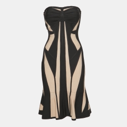 Herve Leger Beige/Black Knit Strapless Bodycon Dress M