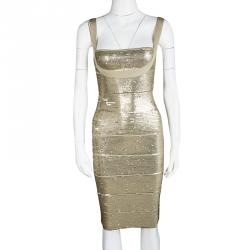 Pre Owned Herve Leger Antique Gold Sequined Bandage Dress XXS