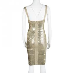 Pre Owned Herve Leger Antique Gold Sequined Bandage Dress XXS