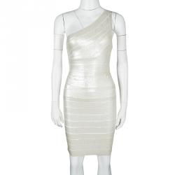 Herve Leger Alabaster One Shoulder Pauline Sequined Bandage Dress XS