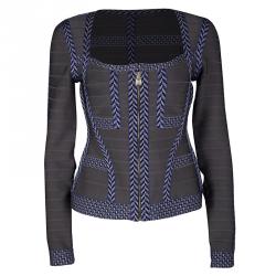 Herve Leger Grey Contrast Trim Zip Front Sol Bandage Jacket M