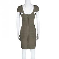 Pre Owned فستان هيرفي ليجي باندج أكمام قصيرة كريس تن زيتوني داكن M